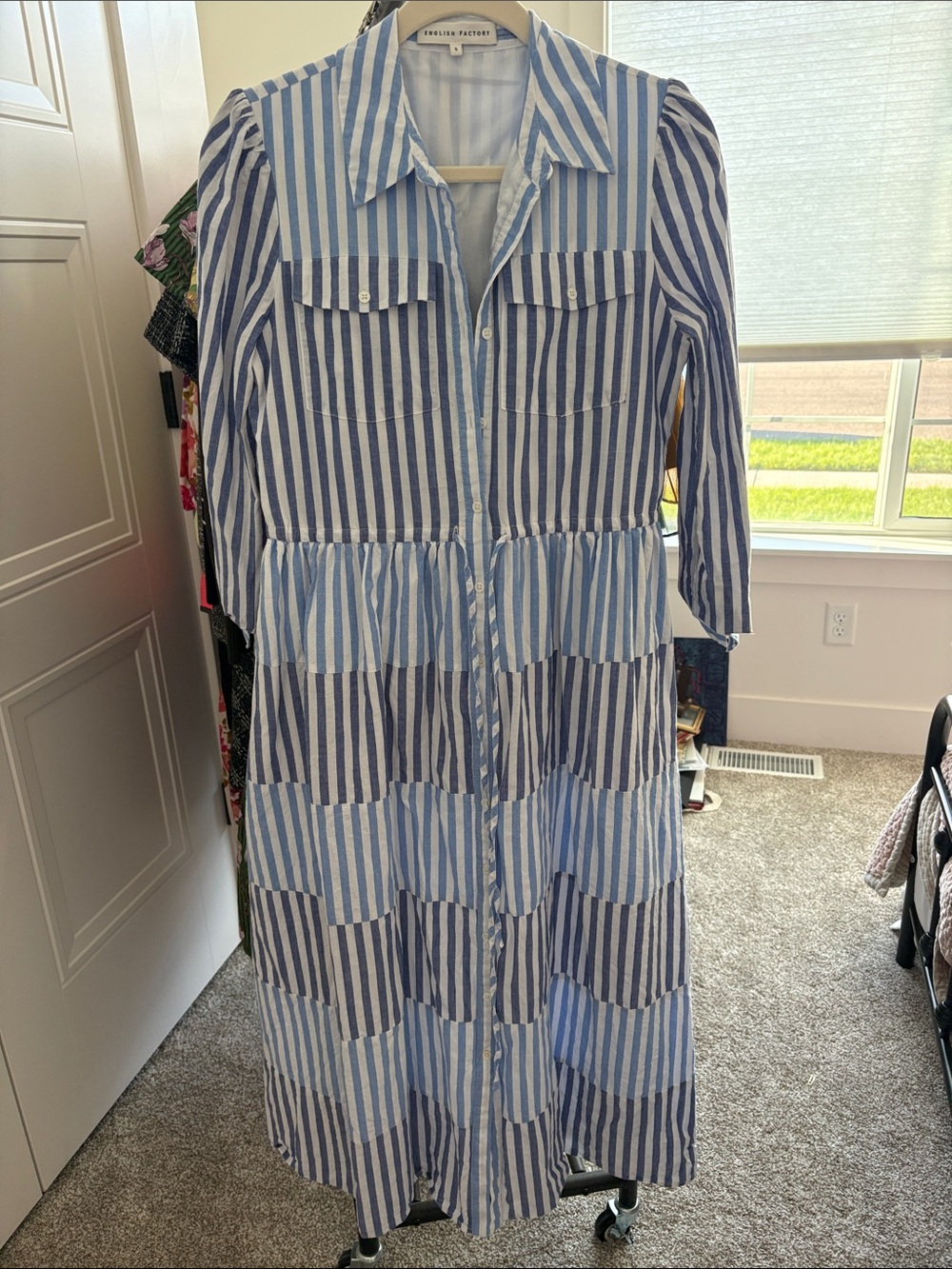 English Factory Blue and White Striped Button-Down Midi Dress